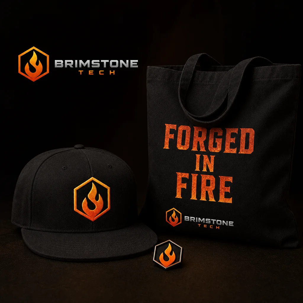 BrimstoneTech cap, tote and flame pin set